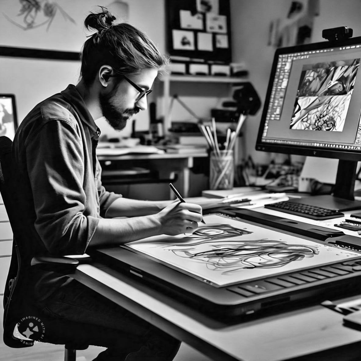 An artist at a drawing board, sketching with a pen, while the same drawing takes shape on a large screen beside him. Black and white.